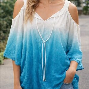 BCX Women's Blue and White Ombré Cold Shoulder Top Medium